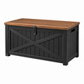 Aufbewahrungstruhe 115 x 55 x 64 cm aus Metall und Holz Braun Schwarz - Gartenbox mit Klappdeckel