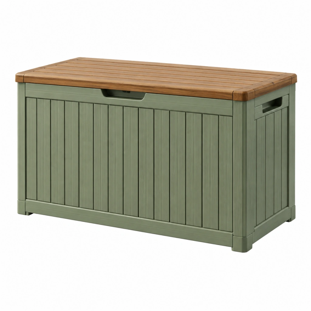 Aufbewahrungsbank 120 x 60 x 60 cm Kunststoff Holzoptik Grün Braun für Garten