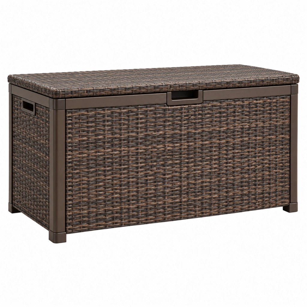 Garten-Aufbewahrungsbox 120 x 60 x 60 cm aus braunem Kunststoffgeflecht mit Deckel