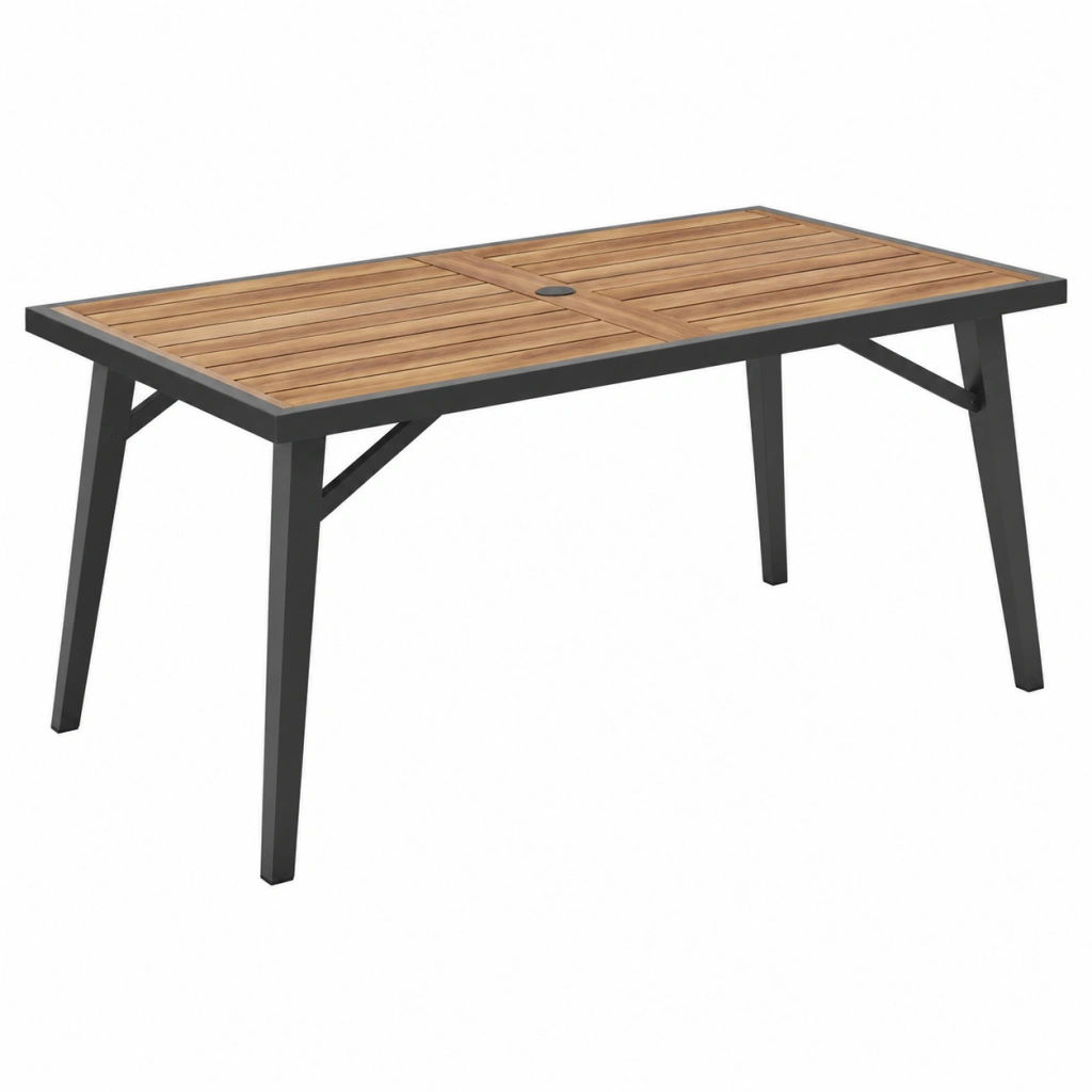 Garten-Esstisch 150 x 90 x 75 cm Holz Metall Braun Schwarz mit Sonnenschirmöffnung