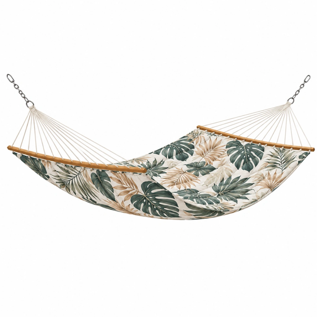 Hängematte 300 x 100 cm aus Textil in Weiß Grün mit Holzspreizstäben für Garten und Balkon