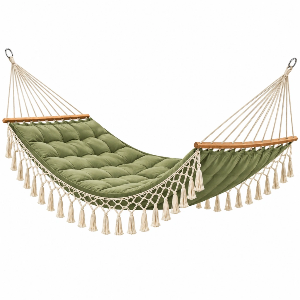 Hängematte 300 x 100 cm mit Baumwollseilen und Holzstäben in Olivgrün mit gepolsterter Liegefläche im Boho-Stil
