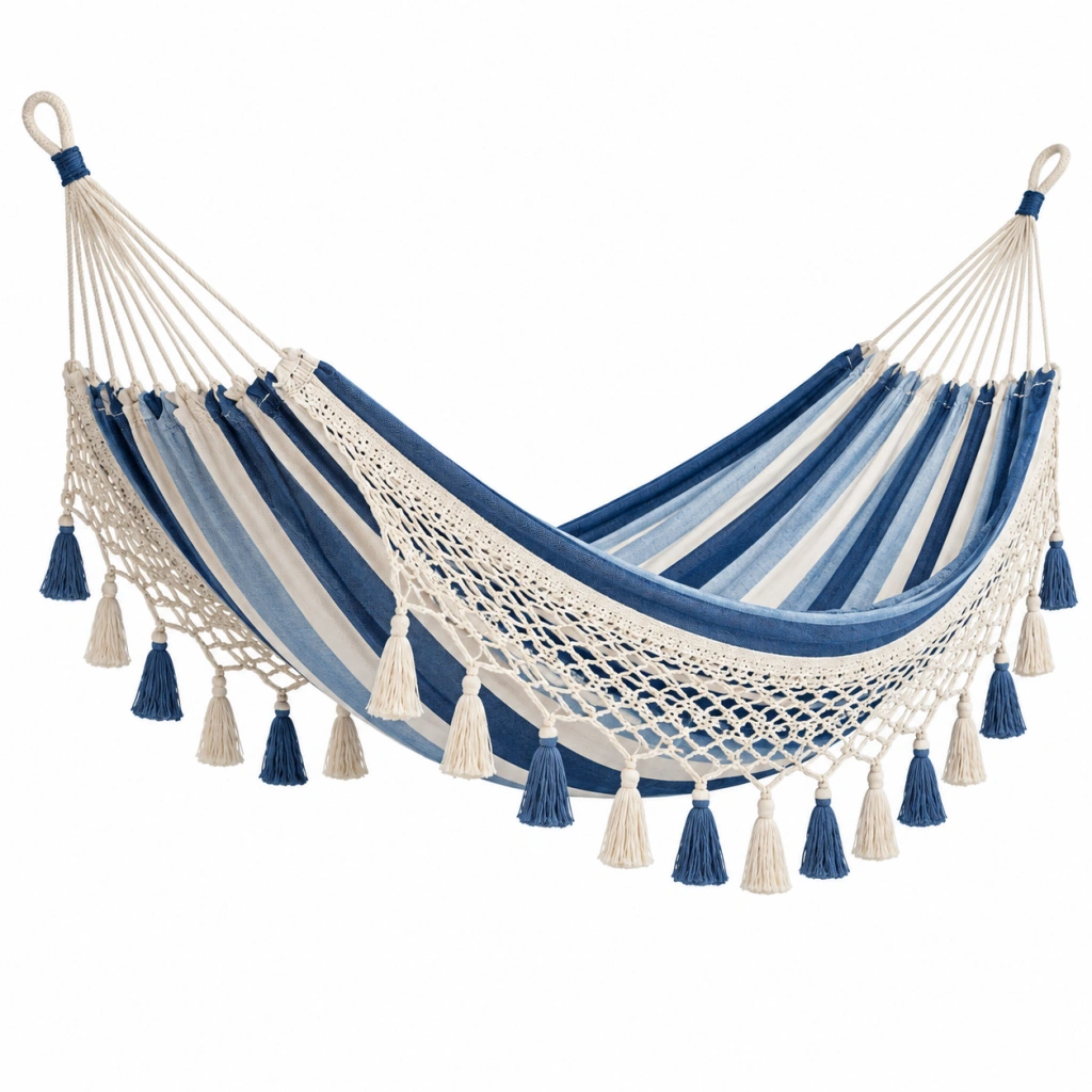 Hängematte 300 x 100 cm Baumwolle Blau Weiß gestreift mit Makramee Fransen