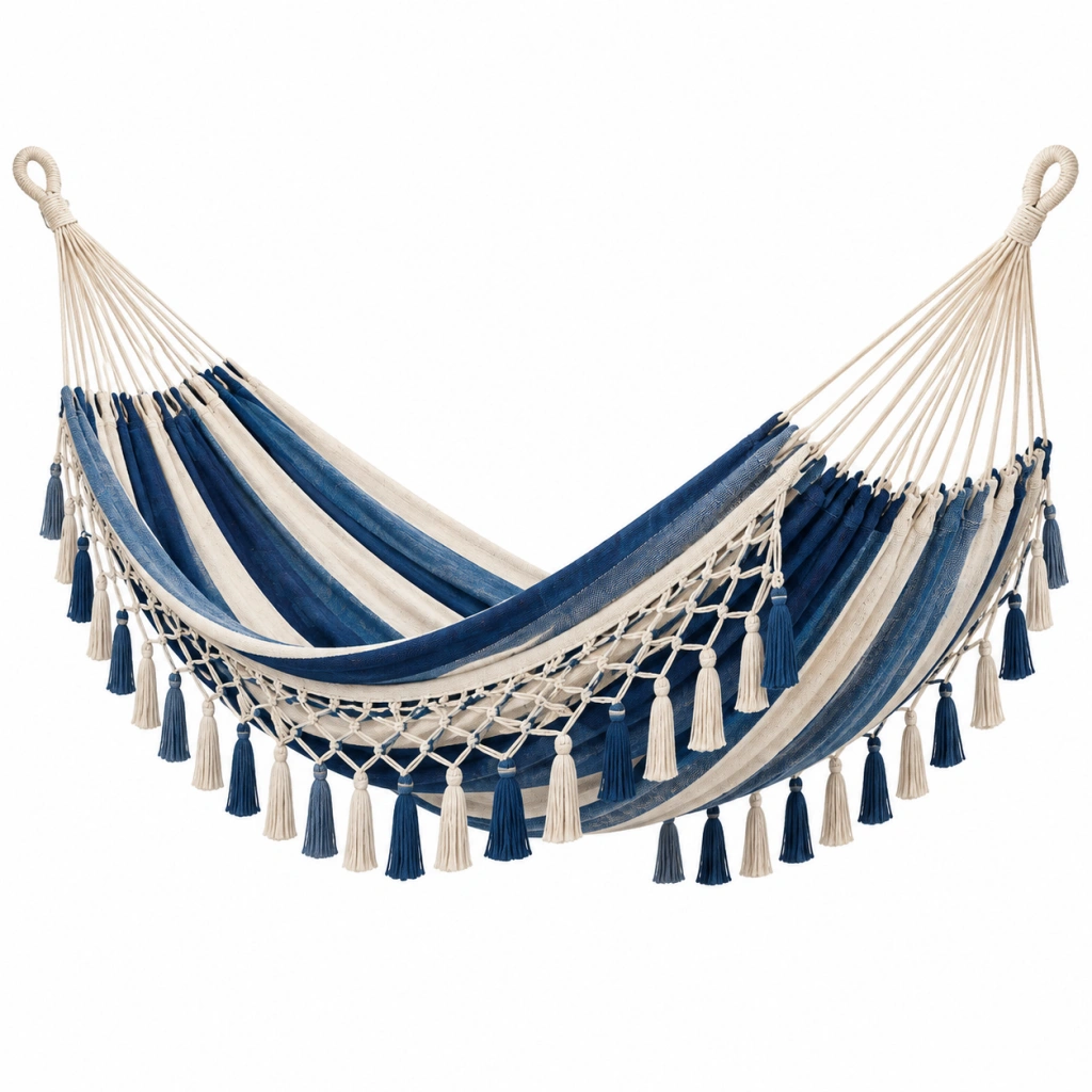Hängematte 200 x 100 cm Baumwolle Blau Beige mit Quasten im Boho-Stil
