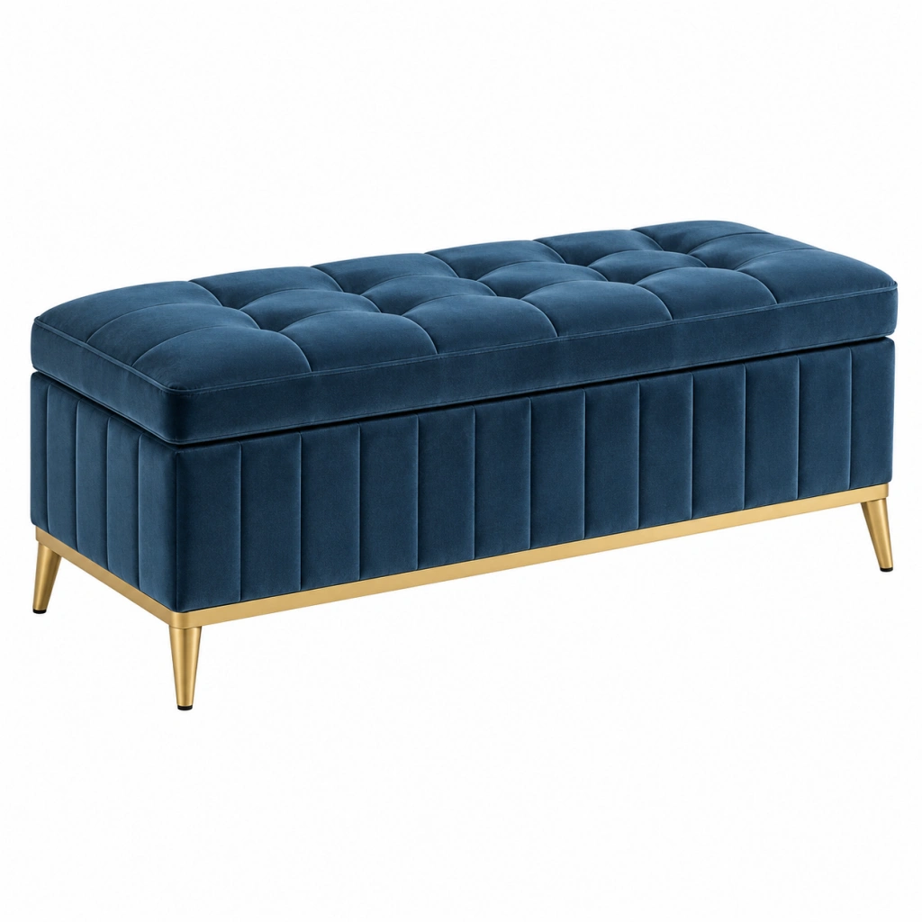 Aufbewahrungsbank 120 x 45 x 48 cm dunkelblauer Samtstoff mit goldfarbenen Metallfüßen