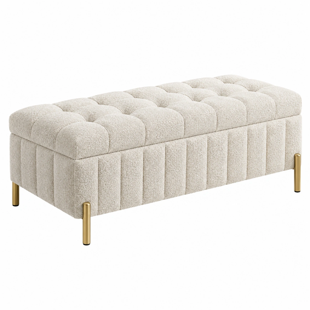 Sitzbank 120 x 45 x 45 cm Bouclé Creme mit Stauraum gepolstert