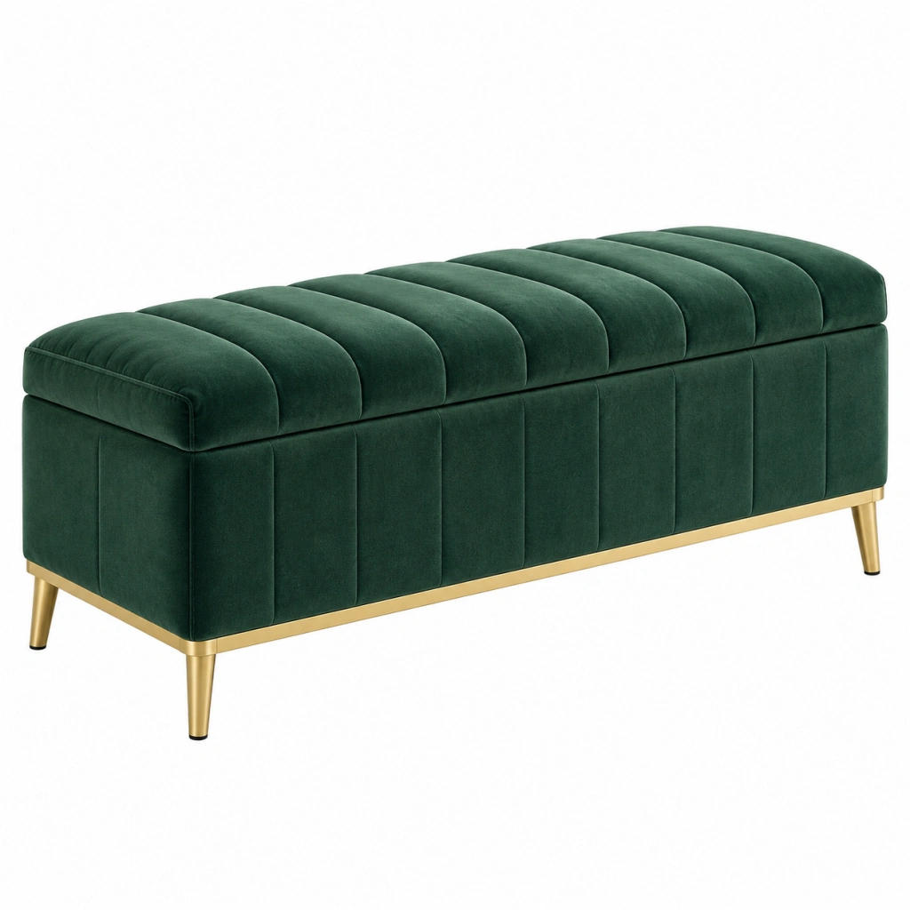 Sitzbank mit Stauraum 120 x 45 x 47 cm dunkelgrüner Samtbezug mit goldfarbenen Metallfüßen