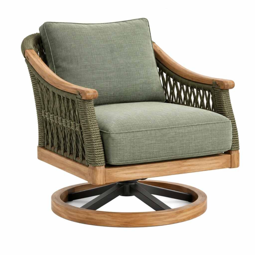 Drehbarer Gartensessel 76 x 82 x 88 cm aus Holz Seilgeflecht und Stoff in Olivgrün