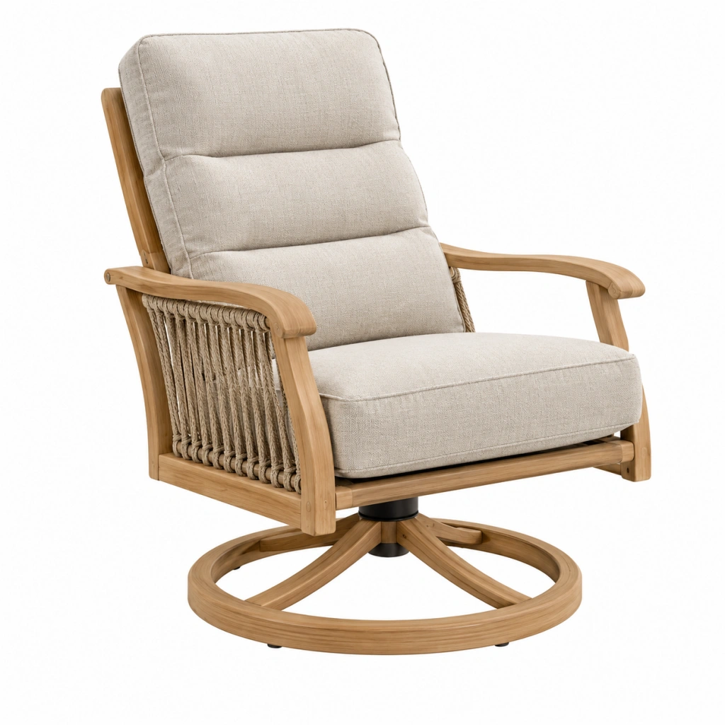 Drehsessel 80 x 85 x 100 cm aus Holz mit Stoffbezug Beige drehbar im Naturstil