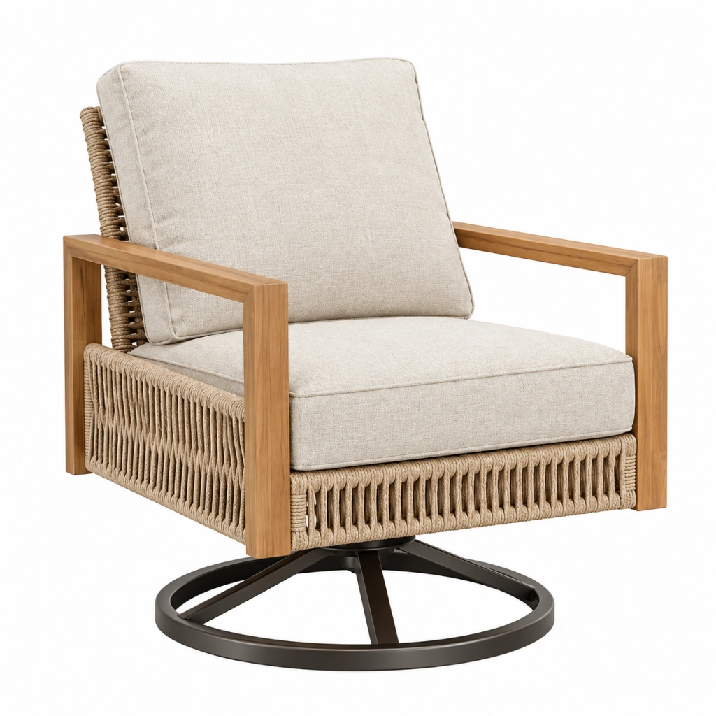 Drehsessel 82 x 78 x 90 cm aus Holz Seilgeflecht in Naturbeige mit Drehgestell