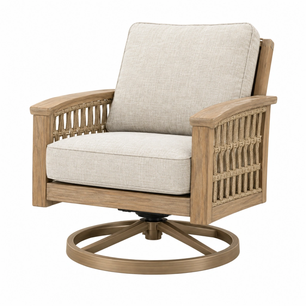 Drehsessel 82 x 84 x 90 cm aus Holz und Seilgeflecht in Natur Beige mit gepolstertem Sitz
