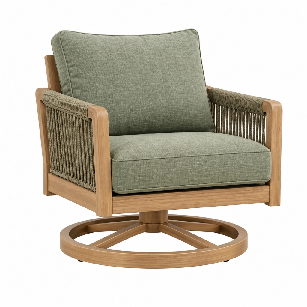 Drehsessel 82 x 86 x 88 cm aus Holz Textil und Seilgeflecht Olivgrün für Terrasse
