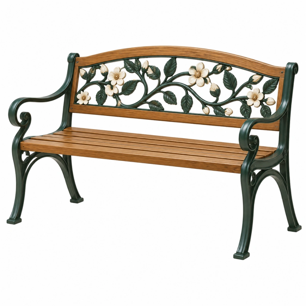 Gartenbank 125 cm Holz und Metall Braun Grün mit floralem Rückenlehnenmotiv