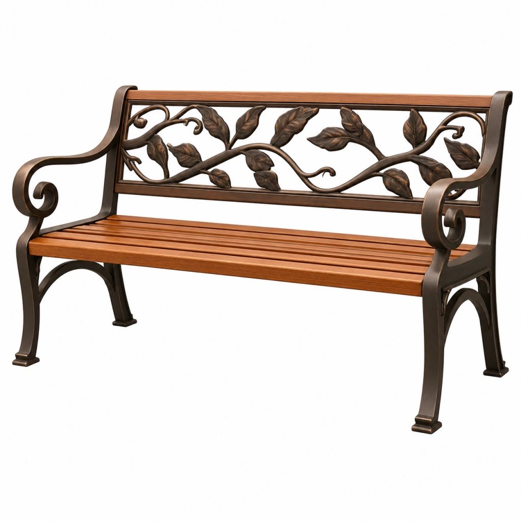Gartenbank 125 x 60 x 90 cm Holz Metall Braun Schwarz mit Blattornamenten