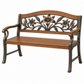 Gartenbank 122 cm Metall Holz Braun Schwarz mit Armlehnen Blumenmotiv
