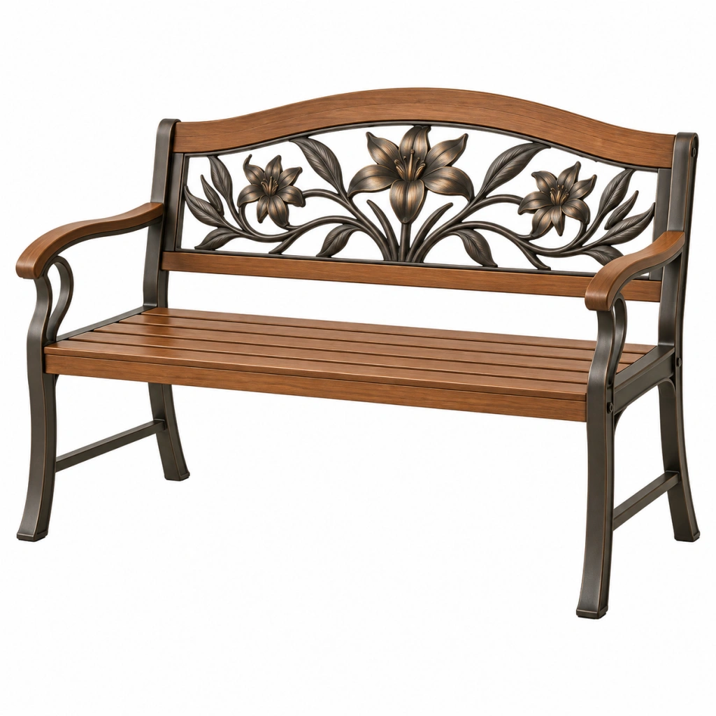 Gartenbank 122 cm Metall Holz Braun Schwarz mit Armlehnen Blumenmotiv