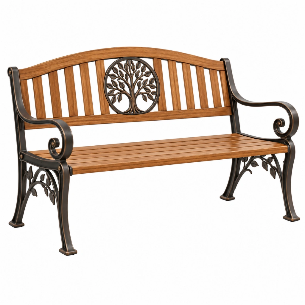 Gartenbank 125 x 60 x 90 cm Holz Metall Braun Schwarz mit Baumornament