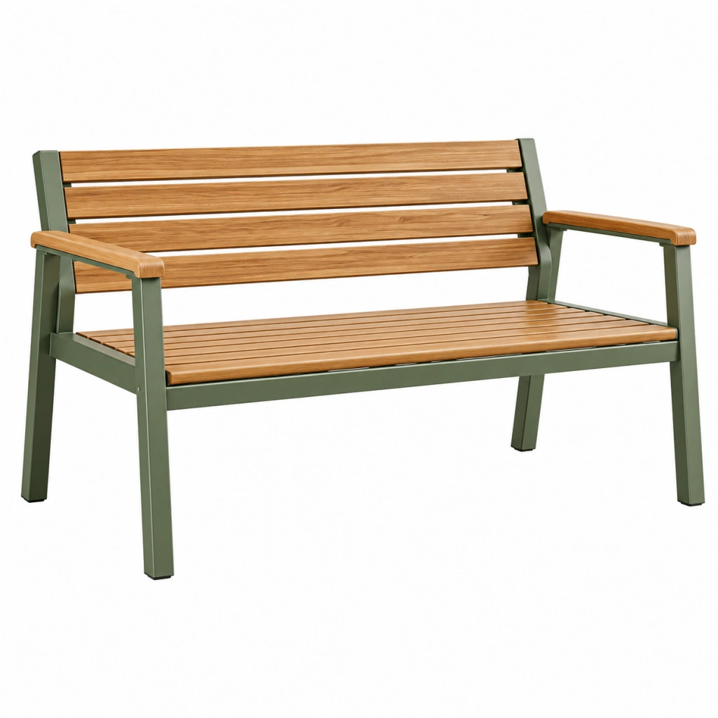 Gartenbank 120 x 65 x 90 cm aus Holz und Metall in Naturgrün mit Armlehnen