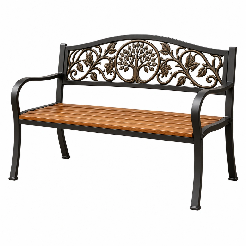 Gartenbank 127 x 61 x 88 cm Metall und Holz Schwarz Braun mit Baumdekor